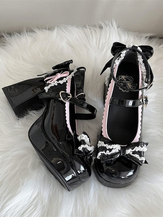 Design Black High Jane Block Heel Lolita Mary Hem with Shoes Elegant Scalloped