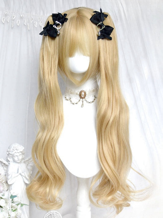 Blonde kurze Bob-Perücke mit Pony + 60 cm, doppelte Pferdeschwanz-Krallenclips