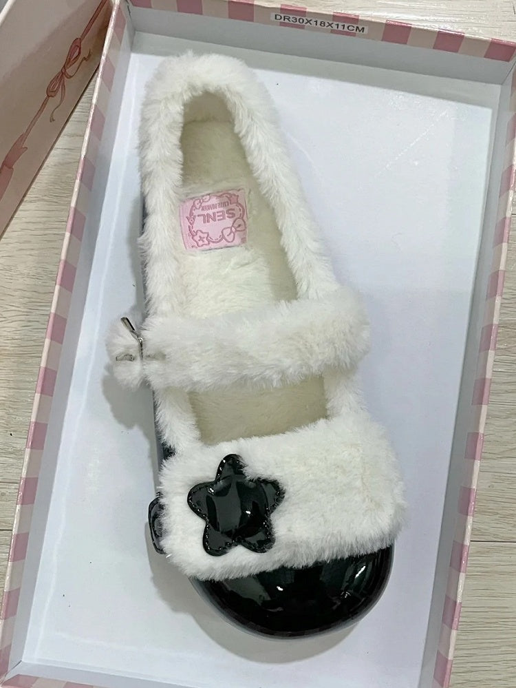 Fleece Decor Black Lining - Strap Star Sweet Plush Shoes Flat