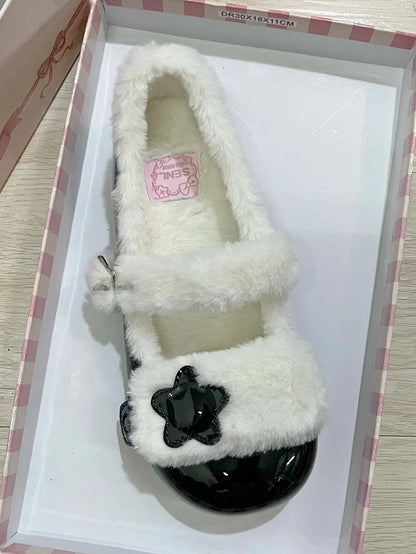 Fleece Decor Black Lining - Strap Star Sweet Plush Shoes Flat