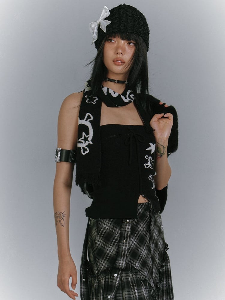 with Star Edgy Matching Punk Print Slit Scarf Skull Top + Black Front Strapless