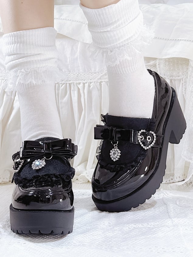 Platform Bow with Trim Polished Lace Kei Loafers Accents Jirai Rhinestone Details Black - Heart