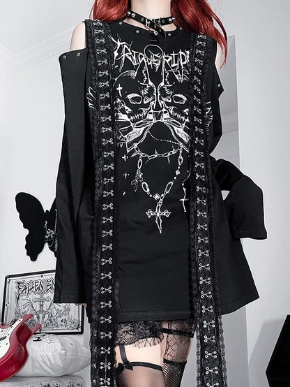 エモロングカットアウトレタートップブラックホワイトパンクスケルトンプリントスリーブショルダー