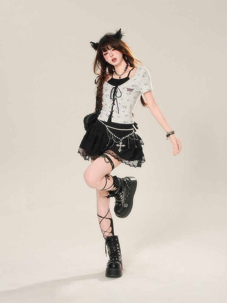 Two-pieces Faux with Glamorous Lace-up Front at Kitty Print Black  Grey Detail T-Shirt