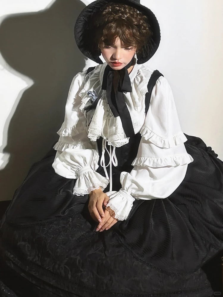 with Long Front Lace-Up Blouse Sleeves White Ruffled