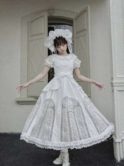 Classic Ivory Puff-Sleeve OP Gown with Sash & Lace Accents - Sleepless Unanswered