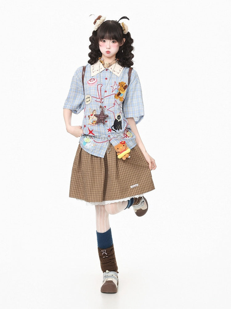 Daily Kawaii Blue Plaid Shirt with Animal Embroidery - Languid Park