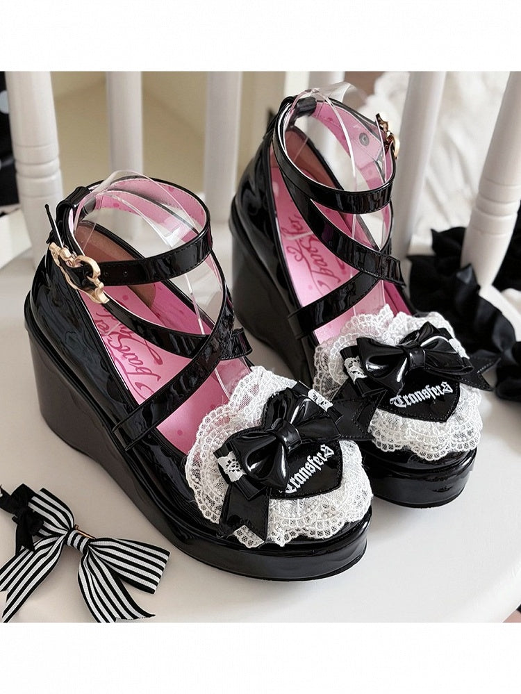 Old School Lolita Doll Fashion Shoes with 9CM Slope Heel, Butterfly Bow & Cross Strap - Transfer Student
