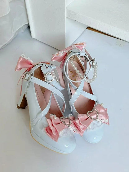 7cm Heel Straps Blue Hime Key Charm Lolita with Heeled Pink on Crossed Shoes Bow