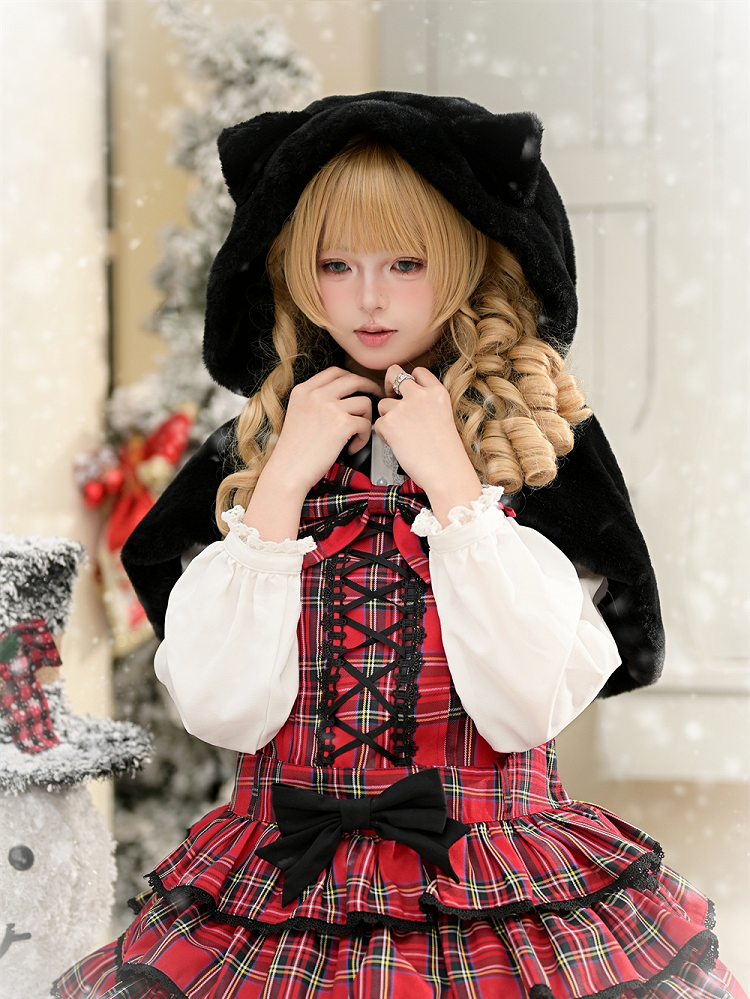 Black Furry Cat-Ear Hooded Cape with Bow Tie Closure