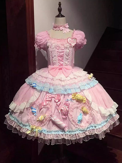 Lolita Candy Ruffle Sweet Multi-Layered Decorations with Pink Dress
