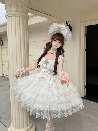 Dress Hime-Style Layered White Rhinestone Elegant with JSK Lace Bow Details Skirt Lolita