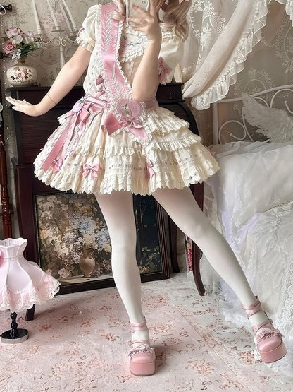Ruffled Short-Sleeve Lolita OP Dress with Apple Embroidery in Sweet Pink & Beige - Yinying Lolita