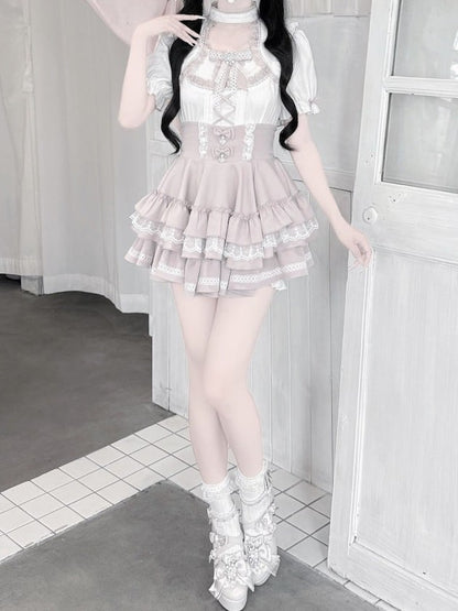 Pink and White Ruffle Sleeve Blouse with Lace, Bow and Choker Accents - GingaU