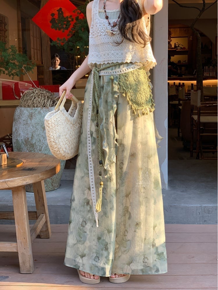 Accessory Dye Wide-Leg Pants Version Detachable with Regular/Short Knitted Mori Kei Green Tie
