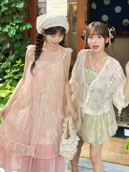 Slip Overdress Dress+Flutter Sleeves Neck Tiered Two-pieces Skirt Polka-dot Yume Kawaii Pink Set-	Halter