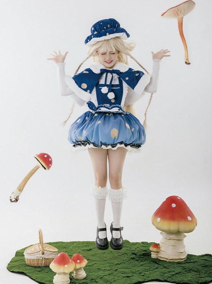 スカート帽子 + 小さな帽子 ハートアクセサリー + 大きなフリル + ケープ マッシュルーム + サスペンダー ファーブローチ帽子