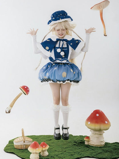 スカート帽子 + 小さな帽子 ハートアクセサリー + 大きなフリル + ケープ マッシュルーム + サスペンダー ファーブローチ帽子