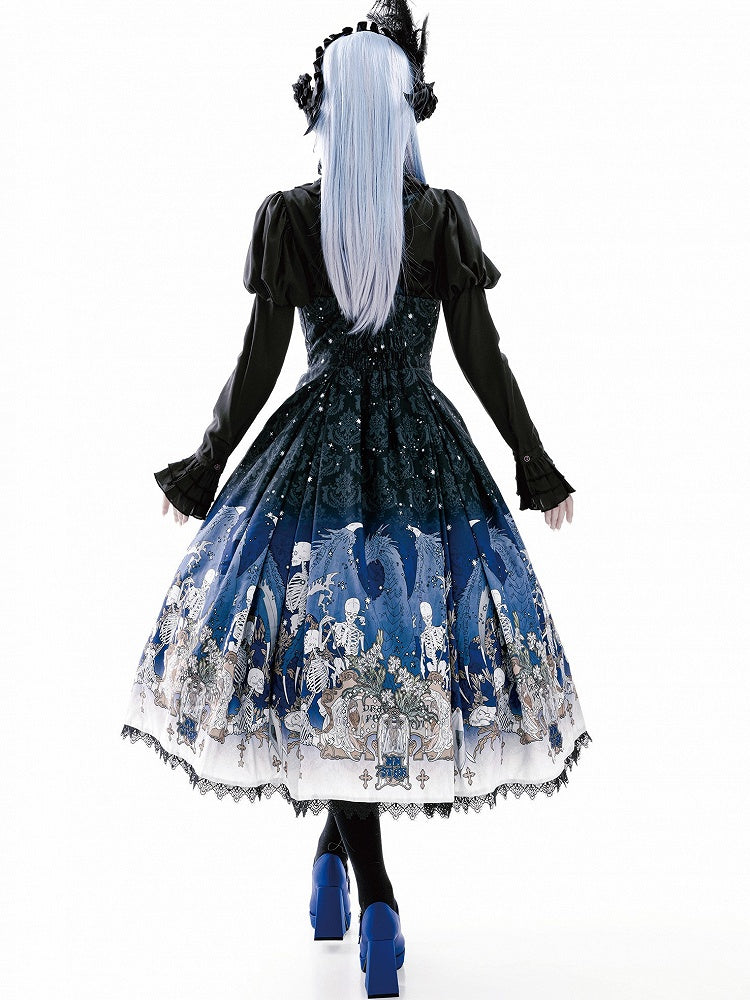 Blue Gothic Lolita and Under with Cross Bust Dress Black Lace Print Trim Skeleton