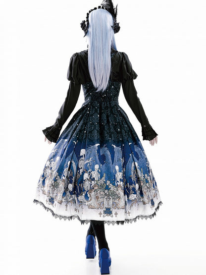 Blue Gothic Lolita and Under with Cross Bust Dress Black Lace Print Trim Skeleton