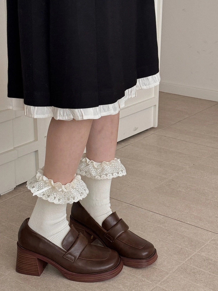 Socks Ribbed Ruffle Bow with Cuffs Lace