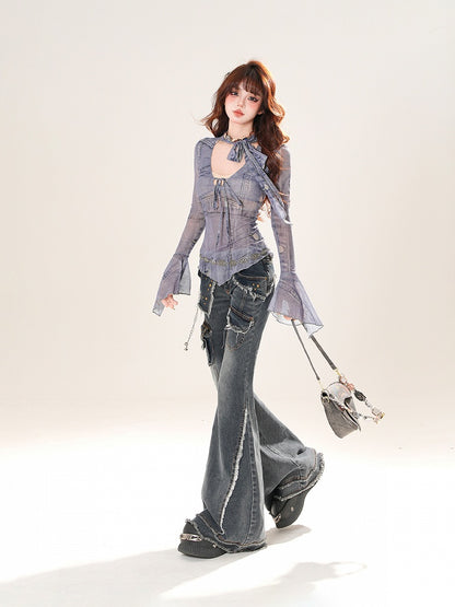 Semi-sheer Blue V-neck Self-tie Bowknot Neckline Top