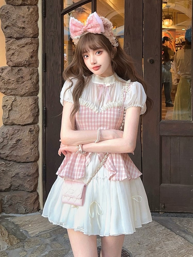 With Two-Piece Faux Pink Dress Pattern Plaid White