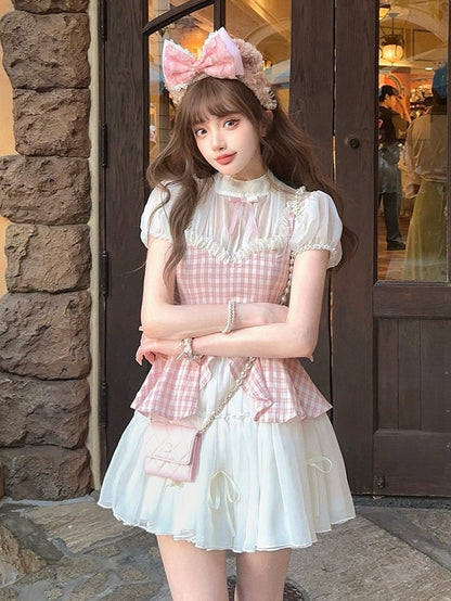 With Two-Piece Faux Pink Dress Pattern Plaid White