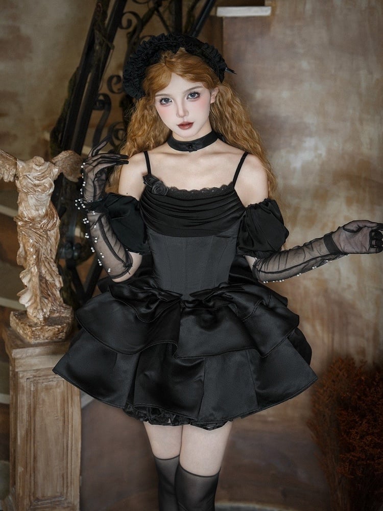 Voller Rock Taille Lolita Eleganter schwarzer Pullover entbeintes Kleid Basken-Cowl-Ausschnitt-Set Spaghetti