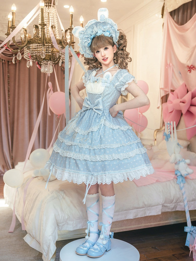 Süßes Lolita-Kleid mit Häschen-Quadrat-Punktmuster und Ohren, blauer Plüsch-Ausschnitt
