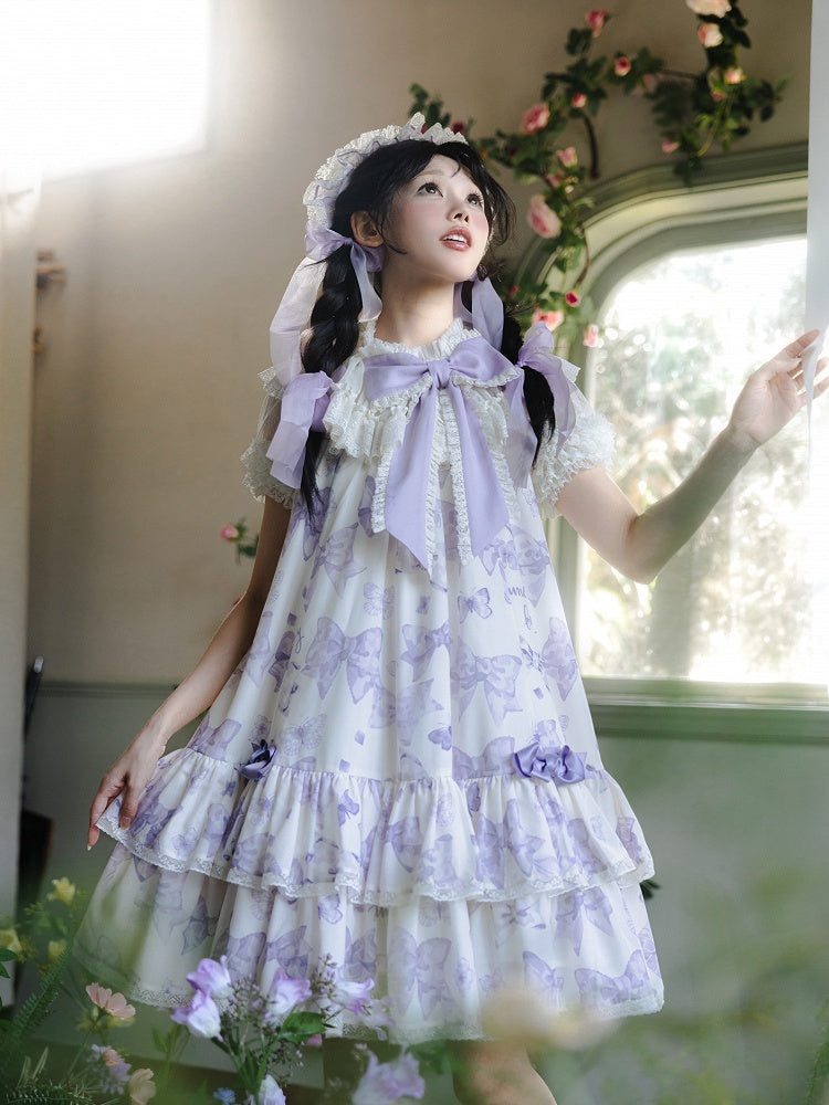 Purple Big Bowknot on Neckline Bows Print Double Layered Lolita Dress