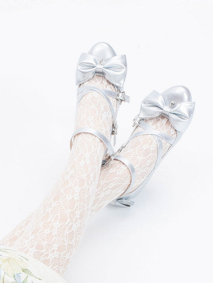 and Star with Bow Silver Buckles Shoes High-heel 6.5cm Details Sweet