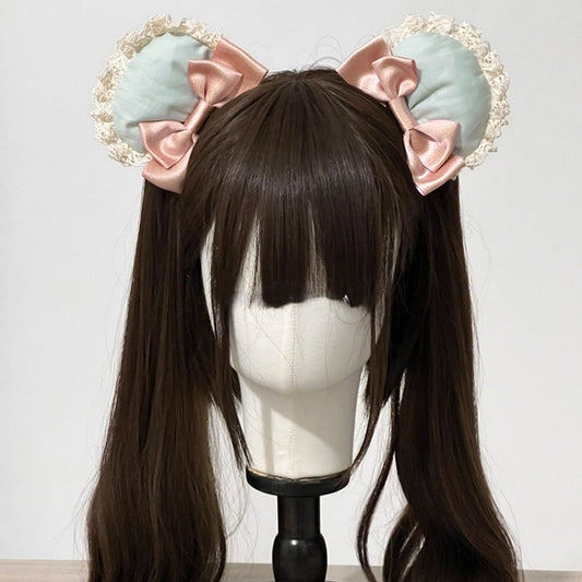 with Bear Ear Hairclips Green Bow Pink Sweet Lolita Accents