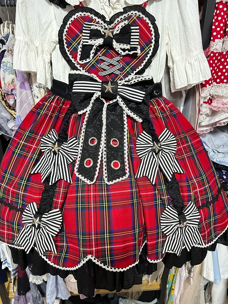 Punk Heart-Bodice Skirt Flutter Bowknots Straps Jumper Lolita with Red Plaid Striped
