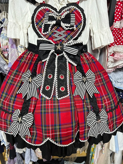 Punk Heart-Bodice Skirt Flutter Bowknots Straps Jumper Lolita with Red Plaid Striped