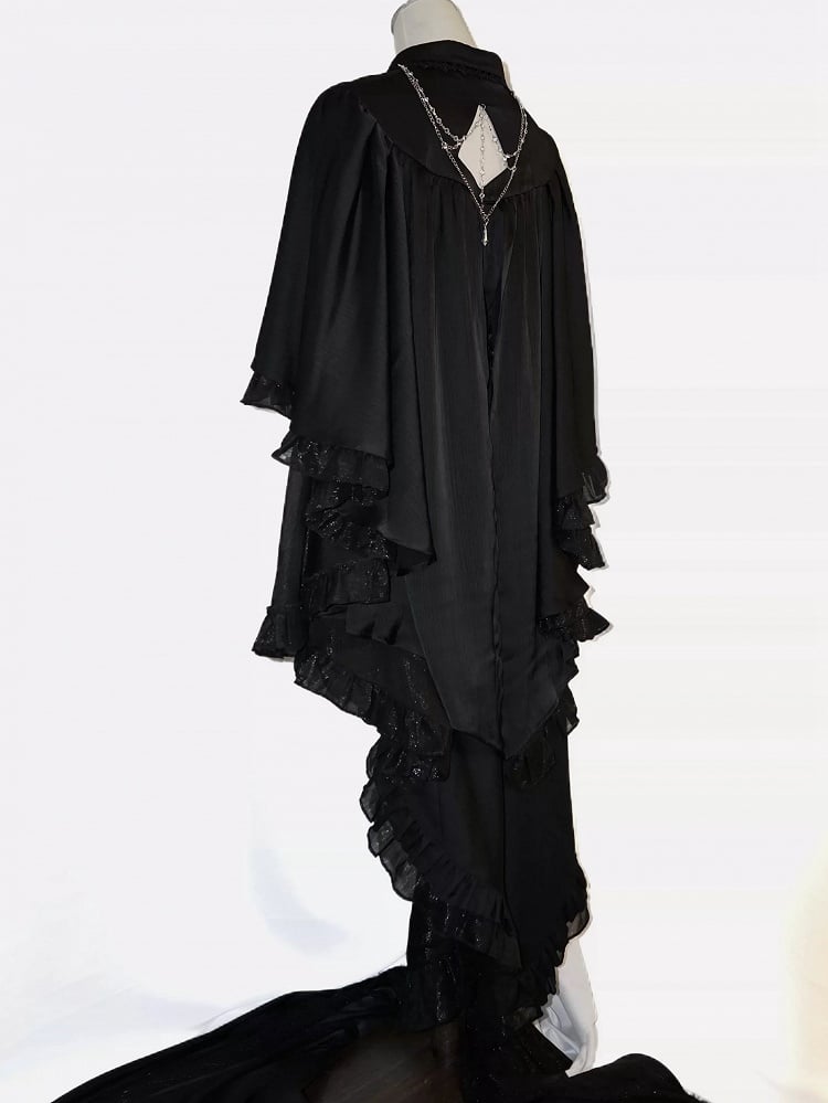 ロリータデザイン フリル王子ケープ カスケードカラー ゴシック フォールドオーバーシャ​​ツ ポインテッドブラック