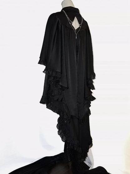 ロリータデザイン フリル王子ケープ カスケードカラー ゴシック フォールドオーバーシャ​​ツ ポインテッドブラック
