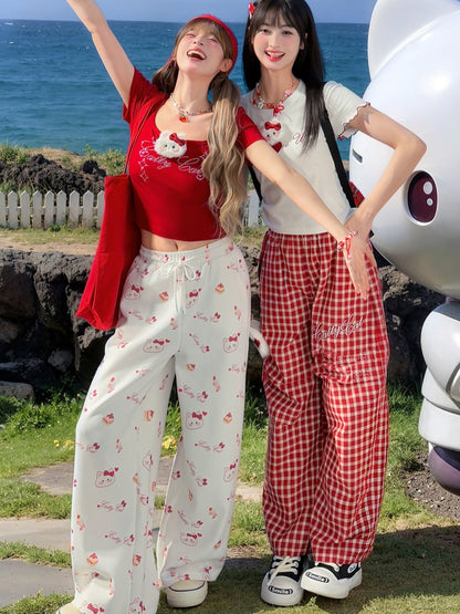 キティのぬいぐるみ付きパンツ（レッドチェック柄）ウエストゴムワイドレッグカジュアル