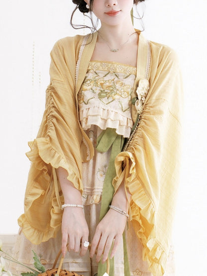 Yellow Bell Sleeve Lolita Outerwear with Hanfu Element Detail & Ruffled Trim Design - Luo Xiu Dong Xiang