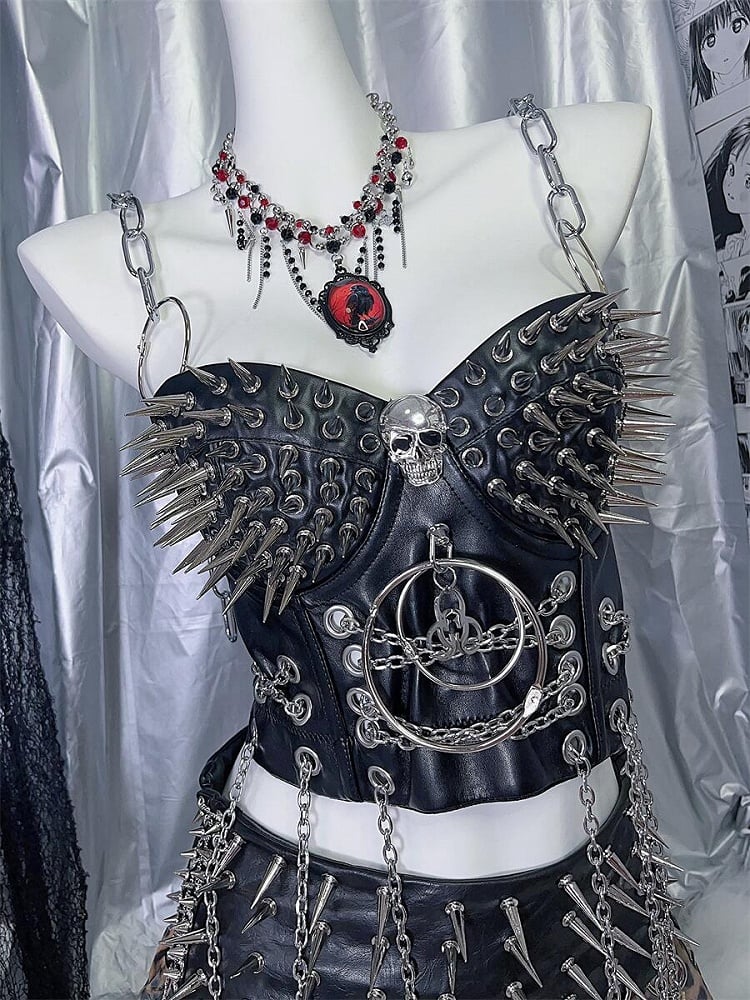 ブラック Y2K スタッドディテール PU パンクトップ