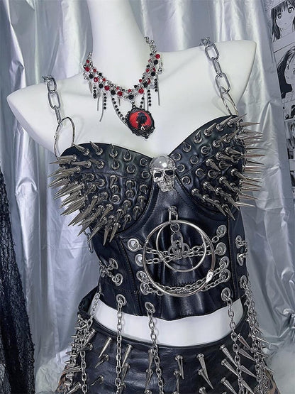 ブラック Y2K スタッドディテール PU パンクトップ