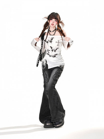 Waist Neckline Butterfly Print Glamorous Top Drawstring White Off-the-shoulder