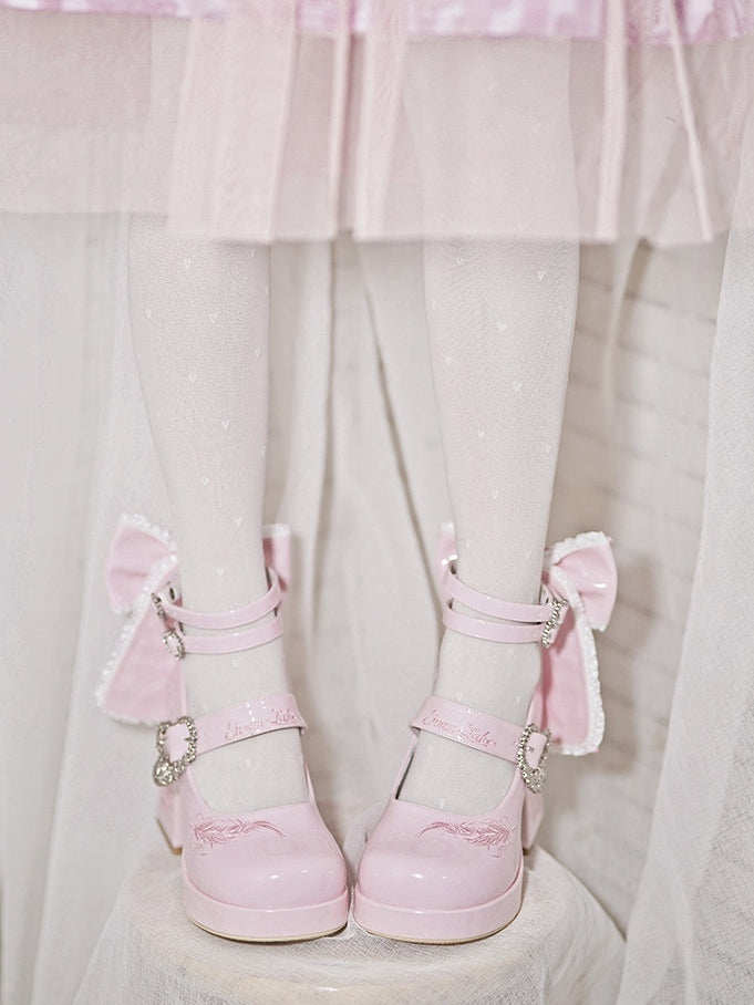 Lolita Sophisticated Buckle Themed Crisscross Swan Details Heels High Detachable Bow Pink with Heel Heart - Block