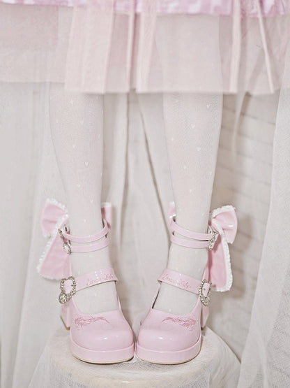 Lolita Sophisticated Buckle Themed Crisscross Swan Details Heels High Detachable Bow Pink with Heel Heart - Block