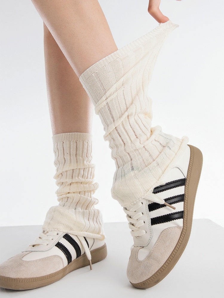 Ultra-Thin Leg Warmers Gray/Creamy White/Black Knitted Striped 35CM Vertical