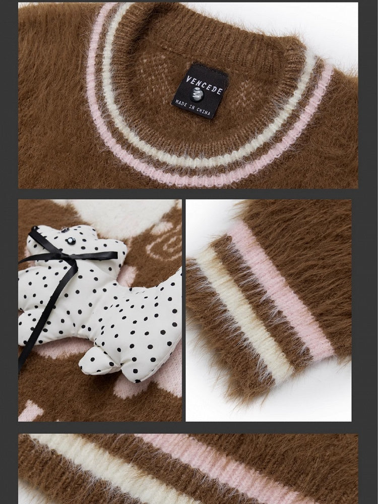 かわいい子犬が飾られたコーヒー/アプリコットの子犬柄ラウンドネックモヘアセーター