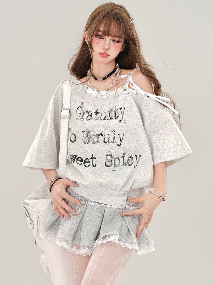 Graues Oberteil mit Buchstabenausschnitt an den Schultern und Schnürung am Ausschnitt