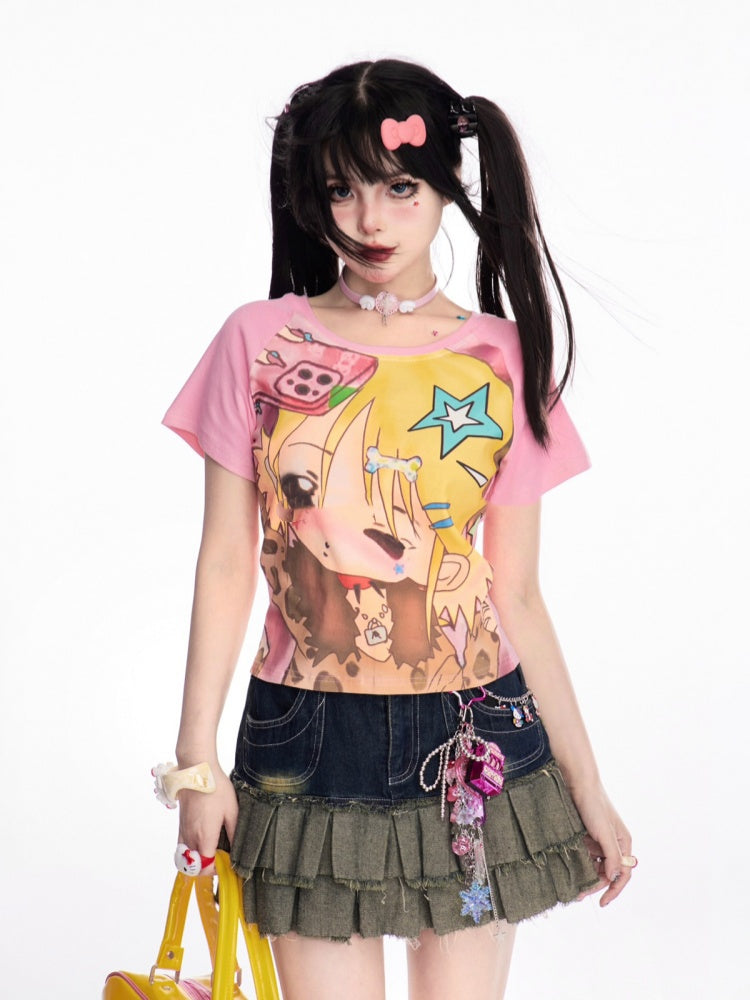 ピンクのY2K漫画ガールプリントTシャツ/キャミソールトップ