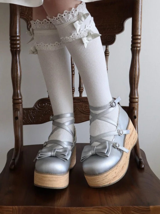 Shoes Platform Round Toe at Sweet Silver Bow Lolita PU - Top Crisscross Design