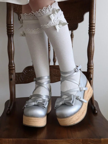 Shoes Platform Round Toe at Sweet Silver Bow Lolita PU - Top Crisscross Design
